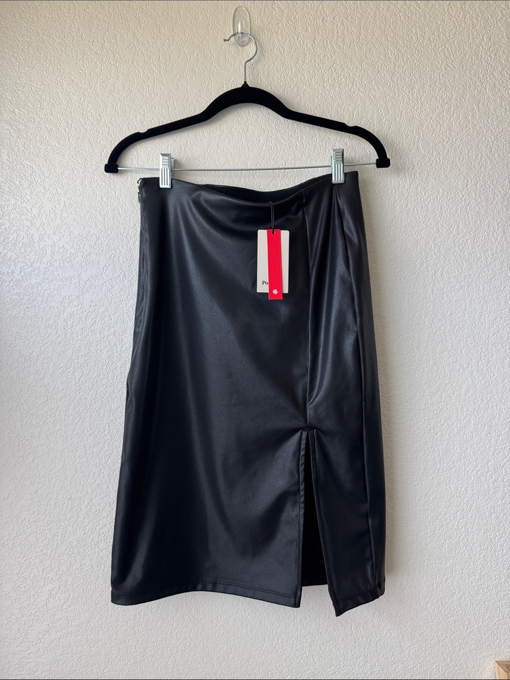 Popilush Shapewear Sculpting Faux Leather Front Slit Midi Skirt